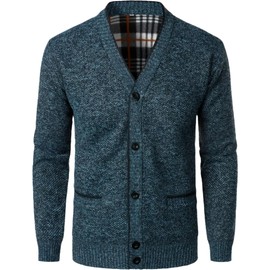 WJL WHISPERING JONES LONDON Mens Thermal Fleece Lined Knitted Cardigan Jacket Cozy Stretch Button Up Cardigan Perfect Casual Wear Winter Grandad Casual, Blue, M