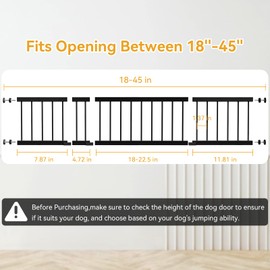 Dog Gate Indoor,18"-45" Adjustable Extra Wide Metal Short Dog Gate to Step Over, 18" Tall Small Pet Gate with 3 Extension Kits, Pressure Mounted for Doorways & Stairs