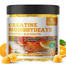 GlucoBio Creatine Monohydrate Gummies (5g) – Pre-Workout Energy & Muscle Growth Support for Men & Women | Orange Electrolyte Gummies (135 Count)