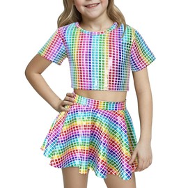 Happy Cherry Girls Shiny Hip Hop Crop Top Skirt Set 2 Pcs Dance Outfits Jazz Cheerleading Rave Outfits Metallic Sparkly Performance Clothes Set