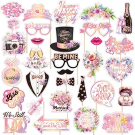 30PCS Wedding Photo Booth Props with Stick Bridal Shower Photo Booth Props Funny Photo Props, Party Supplies for Bride Groom, Bachelorette Wedding Party Decorations for Men Women Selfie Props