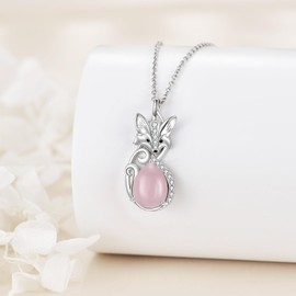 KZX Rose Quartz Fox Pendant Necklace for Women 925 Sterling Sliver Fox Jerelry Gift for Mother Wife