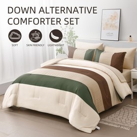 Striped Comforter Set King Size, Boho Brown Green Striped Bedding Comforter Set 7 Piece Bed in a Bag, Soft Microfiber Down Alternative Farmhouse Bedding Set for All Season(104"x90")