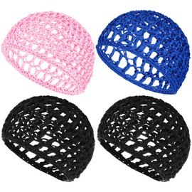 4 Pack Hair Nets Cap Crochet Knit Snood Bonnets Sleeping Hairnet Fitted Hair Cover Wrap Comfortable Haircare Wave Cap for Women Keep Curls (2 Black, 1 Blue, 1 Pink)