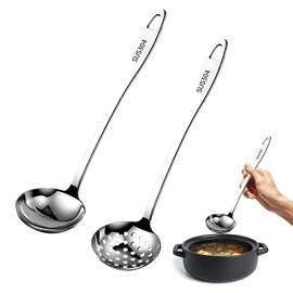 Mecmbj Ladle Spoon, 2 Pieces Stainless Steel Ladle Scoop, 31 cm Hot Pot Colander with Hanging Hole, Gravy Ladle for Serving Vegetables and Soup, Hot Pot Spoon for Kitchen, Restaurant, Hotel