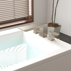 BESy Waterfall Roman Tub Faucets, Deck Mount Bathtub Faucets Set, Garden 3 Holes Two Handles Widespread Bath Tub Filler Tub Faucets with Valve, cUPC Supply Hoses, Brushed Nickel