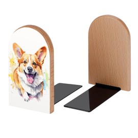 Colorful Corgi Dog Book Ends Decorative Wood Bookends for Shelves Kids Room Desk Home Office Book Stoppers for Magazines,Books, DVDs, 1 Pair/2 Pieces(5x3.1 in)