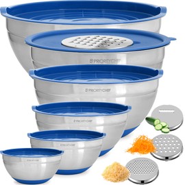Priority Chef 6Pc Large Mixing Bowls With Lids Set with Non-Slip Bases, Stainless Steel Mixing Bowl Set, 6 Airtight Lids and 3 Graters, Blue