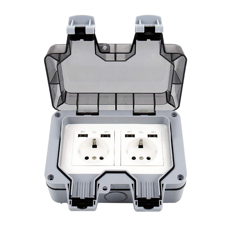 IP66 Double Socket with USB Ports Electric Waterproof Wall Socket