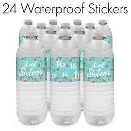 Blue and Silver 16th Birthday Sweet Sixteen Party Water Bottle Labels, 24 Stickers