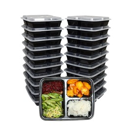 Green Direct Pack of 20 (32 oz) - Disposable Meal Prep and Take out 3 Compartment black food containers with lids, Plastic Bento Lunch Box To Go