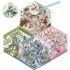 4Sets DIY 3D House Stickers Set Make Your Own Sticker Therapy Scene Supermarket Coffee Shop Restaurant Bookstore 3D House Sticker Set Funny Cartoon Scene Stickers for Relief Stress Pass The Time (C)