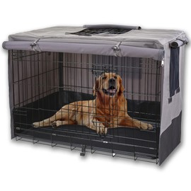 Rachmi Privacy Dog Crate Cover 42 Inch, Durable 600D Canvas Water Resistant Windproof Pet Kennel Cover for Universal Wire Crate with Double Doors, (43”Lx29”Wx31”H, Gray/Black)