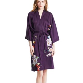 Prettystern Women's Knee-Length 100% Silk Satin Silk Coat Kimono Dressing Gown Night Dress Jacket Silk Robe, sk13 dark purple