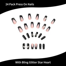 24 Pack Press On Nails Long Rhinestone Black French Fake Tip Nails With Bling Glitter Star Heart Glue On Acrylic Nail Kit Full Cover For Women Artificial Stick On Nails Finger Manicure