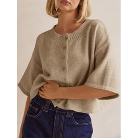 Saodimallsu Womens 3/4 Sleeve Cardigan Sweater Button Down Cropped Crewneck Cardigan 2025 Fall Casual Knit Tops Khaki