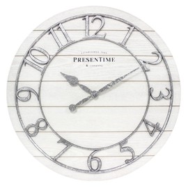 Presentime & Co Classic Farmhouse Shiplap Clock, 19.5 inch, Galvanized Finish Arabic Numerals with White Shiplap Style. Large Farmhouse Decor for Living Room, Entryway, Home Office. Wall Décor