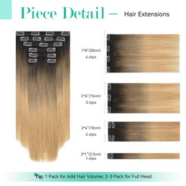 Ukira Ombre Hair Extensions for Women Real Human Hair, 16 Inch 120g 7pcs Dark Brown Fading to Light Brown to Honey Blonde Clip in Hair Extensions, Silky Straight Remy Human Hair Clip ins