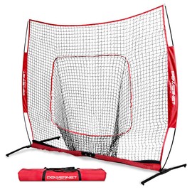 PowerNet 8x8 XLP PRO Net with One Piece Frame | Huge Baseball Softball Hitting Pitching Net | Hitting Pitching Batting Fielding Portable Backstop | Weighted Base | Bow Style (Red)