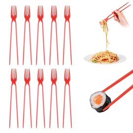 FDKYOEK 10 PCS Chopstick Fork, Plastic Chopsticks Fork Combo, Training Chopstick for Beginners Adults, Disposable Forkchops Chopsticks for Outdoor Camping Picnic, Red