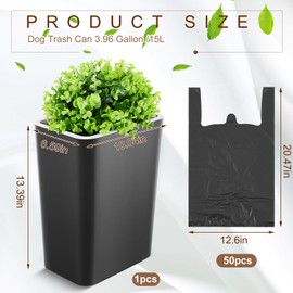 Dog Poop Trash Can Outside 3.96 Gal/15 L Plant Styled Dog Waste Trash Can with Lid 50 Pcs Plastic Waste Bags Outdoor Indoor Poop Container Slim Garbage Bin for Yard Garden Pet (Black)
