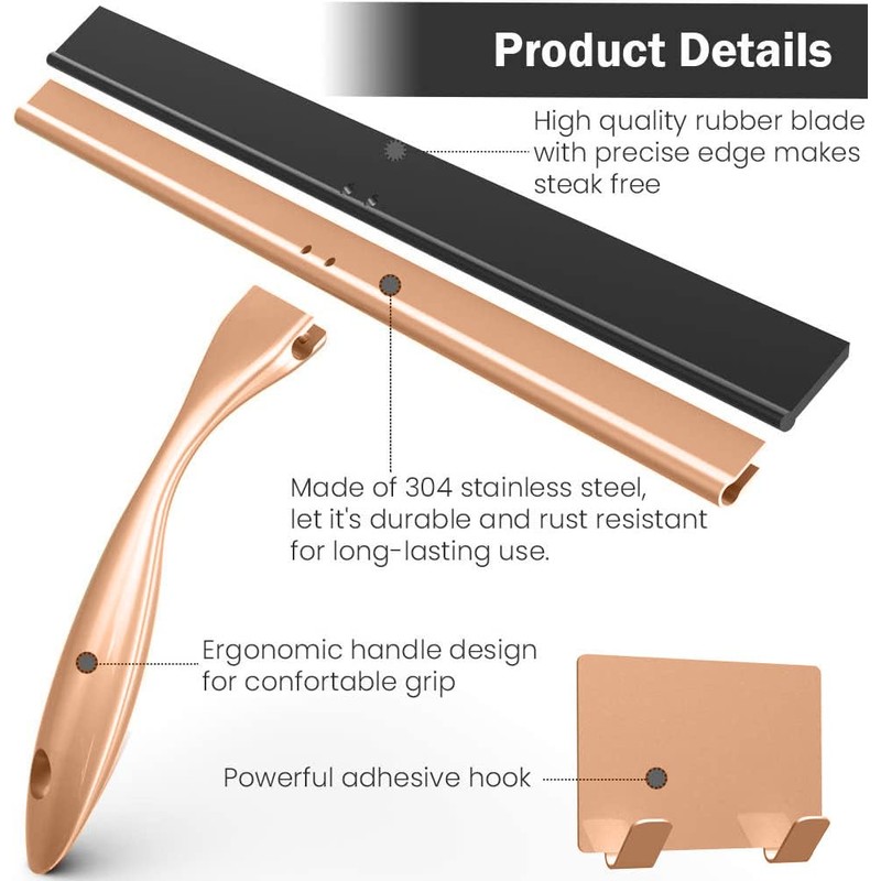 OPERNEE Shower Squeegee with Self Adhesive Hook, 14 Inches Stainless