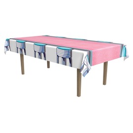 Beistle 1950’s Soda Shop Stool Table Cover Supply – Retro, Sock Hop, and Oldies Decor for 50’s Themed and Birthday Parties, 54" x 108", Multicolored