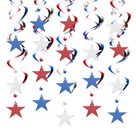 PATIKIL 18pcs Hanging Stars Decorations, 27inch Star Hanging Party Backdrop Decorations Party Supplies Shiny Twinkle Streamers for Wedding Birthday Party Graduation, Red Blue Silver