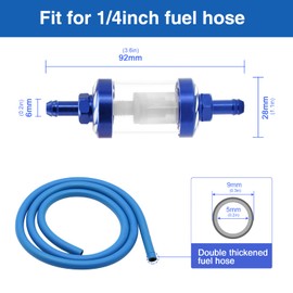 2PCS 1/4 inch Inline Fuel Filters & 1/4" Fuel Line Hose with 8PCS Hose Clamps Universal Billet Aluminum Metal Glass Fuel Filter Inlet/Outlet Fuel Filter Clear View Fuel Pump Filter (Red)