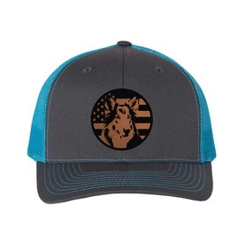 Rough Collie Dog Patriotic Design Laser Engraved Leather Patch Richardson 112 Snapback Trucker Cap Charcoal/neon Blue