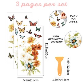 WEBEEDY 3 Pcs Flower Rub on Transfer Decals for Furniture,Wildflower Butterflies Wall Decals Peel and Stick Wallpaper,Wall Murals Window Wall Art for Bedroom Birthday Party Home Decor Gift,5.9x11.8''