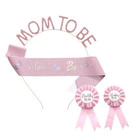 Mom to Be Tiara Headband and Sash Set, Pink Rhinestone Crown, Baby Shower Party Accessories