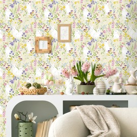 CHDITB Flower Wallpaper Peel and Stick,Spring Wall Decals,Boho Rabbit Wallpaper Kids Bedroom(17.3x118.1inch) Floral Butterfly Wall Stickers,Cute Bunny Animals Wall Paper for Nursery Bedroom Cabinets