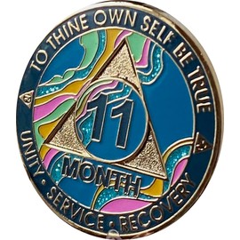 11 Month AA Medallion Elegant Marble Tahiti Teal Blue Pink and Aqua Glitter Gold Plated Sobriety Chip