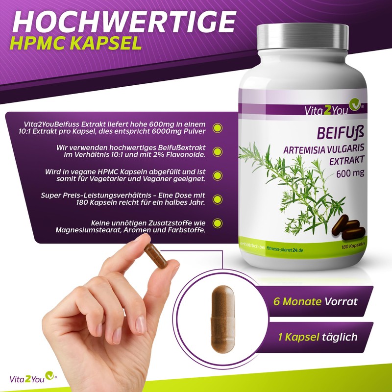 Vita2You Mugwort Extract, 180 Capsules, Artemisia Vulgaris, 10:1 Extract, 6000