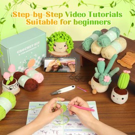 takyu Crochet Kit for Beginners, 4 Pack Plants Crochet Starter Kit for Adults and Kids Learning to Knitting Kit by Step-by-Step Video Tutorials with Complete Crochet Accessories
