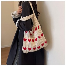 Pokn Heart Crochet Tote Bag Cute Purse for Women Cutecore Key Chain Y2K Accessories Valentines Aesthetic Handbags for Women (Brown)