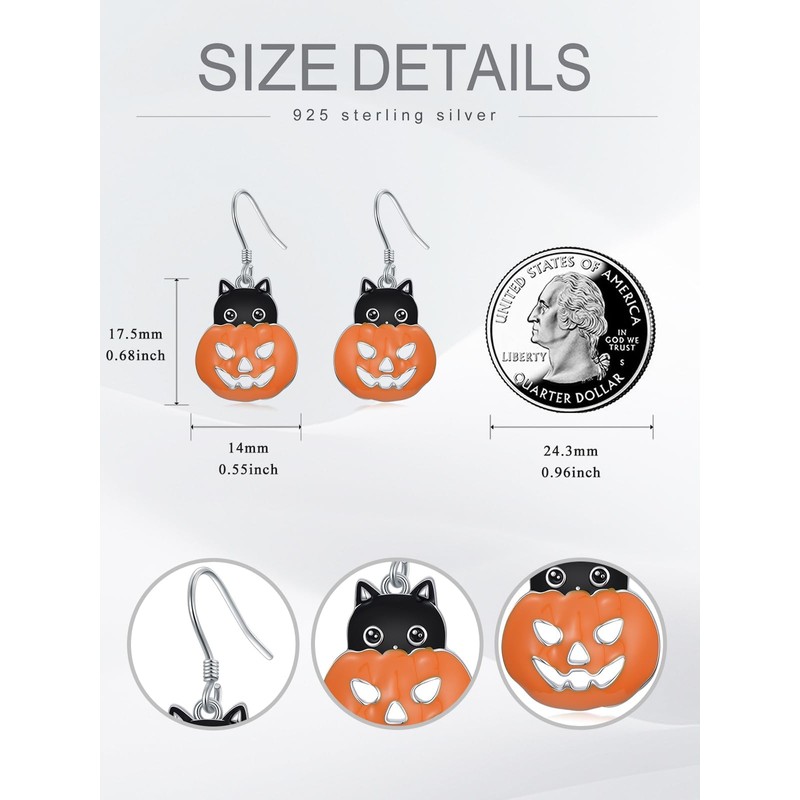 Pumpkin Earrings for Women 925 Sterling Silver Cat Halloween Dangle
