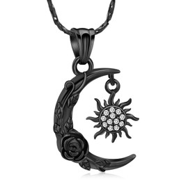 Imrsanl Cremation Jewelry for Ashes Crescent Moon and Sun Urn Necklace for Women Men Stainless Steel Memorial Rose Flower Ashes Pendant Keepsakes Jewelry (Black)