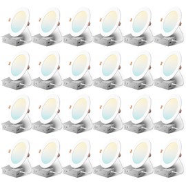 Amico 24 Pack 6 Inch 5CCT Ultra-Thin LED Recessed Ceiling Light with Junction Box, 2700K/3000K/3500K/4000K/5000K Selectable, 1050 Lumens, Dimmable Canless Wafer Downlight, 12W Eqv 110W-ETL&FCC