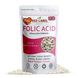 Red Label Health Folic Acid 400 mcg Tablets, 120 Vitamin B9 Tablets (4 Months Supply), Folate Fertility Supplement for Women, Vegan, Vegetarian, Supports Maternal Tissue Growth, Made in The UK