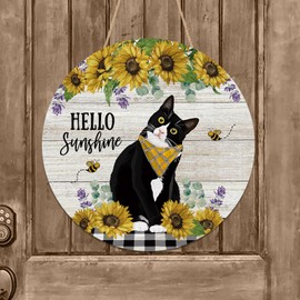 YINENA Hello Sunshine Sunflower Cat Door Sign Wood Door Hanger for Outdoor Outside Porch Farmhouse Spring Summer Seasonal Wooden Indoor Wall Hanging Decoration