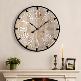 Farmhouse 24 Inch Wood Roman Large Wall Clock with Metal Circle