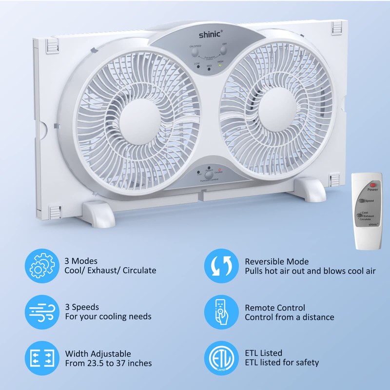shinic 9" Twin Window Fan with Reversible Airflow, Removable Cover