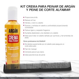 Crema para Peinar Hidratante con Aceite de Argán, Controla Frizz, Protege del Calor, Da Brillo y Suavidad al Cabello Seco o Dañado + peine ALFAMAR