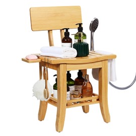 Ollieroo Two-Tier Bamboo Shower Chair for Inside Shower, Waterproof Baby Bath Seat with Storage Shelf, Soap Dish and Shower Head Holder, Shower Stool for Seniors Adults Disabled Pregnant(Natual)