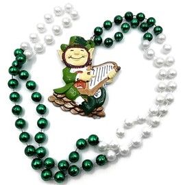 IRISH Leprechaun Playing Lire Harp Mardi Gras Bead Necklace Ireland Favor Parade
