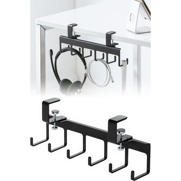 Sanwa Direct 200-CB035BK Desk Hook Clamp Cable Tray, Load Capacity 13.2 lbs (6 kg), Steel, 6 Hooks, Black