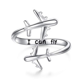 Airplane Ring 925 Sterling Silver Aircraft Jelwery Adjustable Size Rings for Women Best Flight Attendants Pilot Birthday Gifts (Ring Size 6)