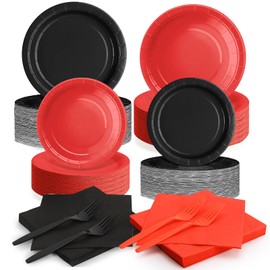 200 Pcs Red and Black Paper Plates and Napkins Party Supplies,Disposable Party Tableware Include Plates Napkins Forks for Birthday,Anniversary,and More